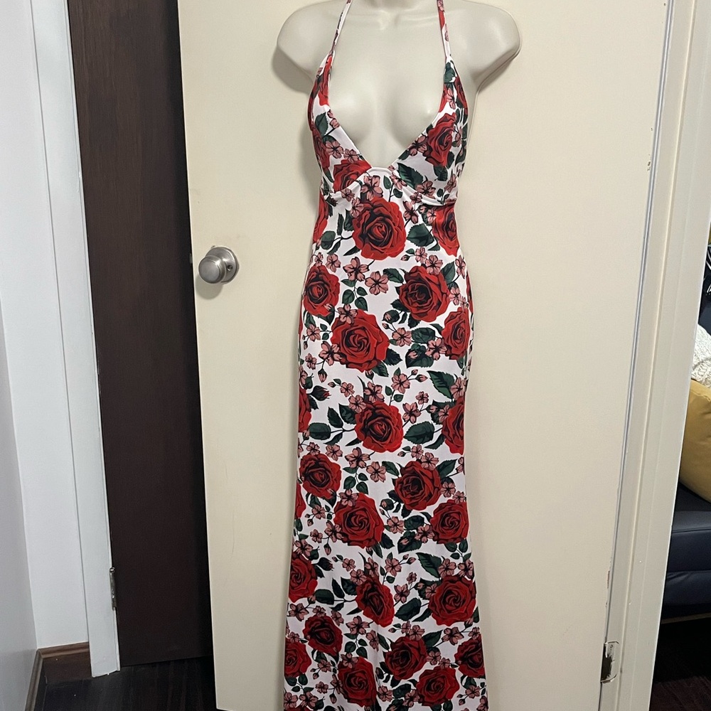 Commense Red and Green floral spaghetti Strapl Bodycon Dress - Picture 3 of 12